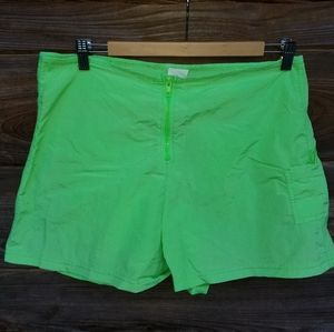 Vintage Neon Green Swim Trunks Shorts Size L | Zip Front | Beach Summer